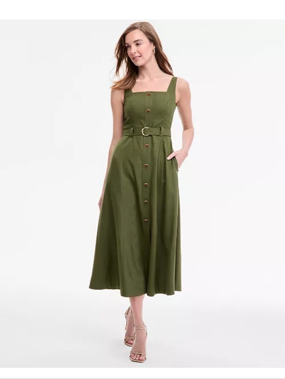 Taylor NWT Size 8P Olive Green Linen Blend Button Front Belted Midi Dress $138